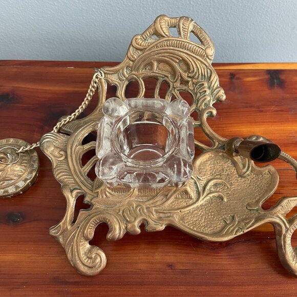 Vintage Brass Glass Inkwell Victorian Style Pen Holder - Picture 5 of 9